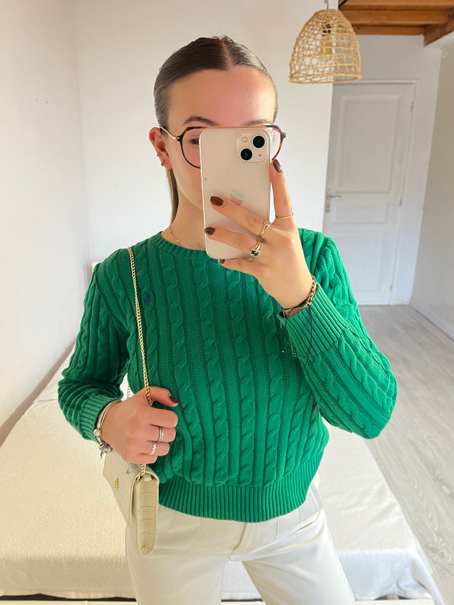 Pull torsadé col rond vert - S