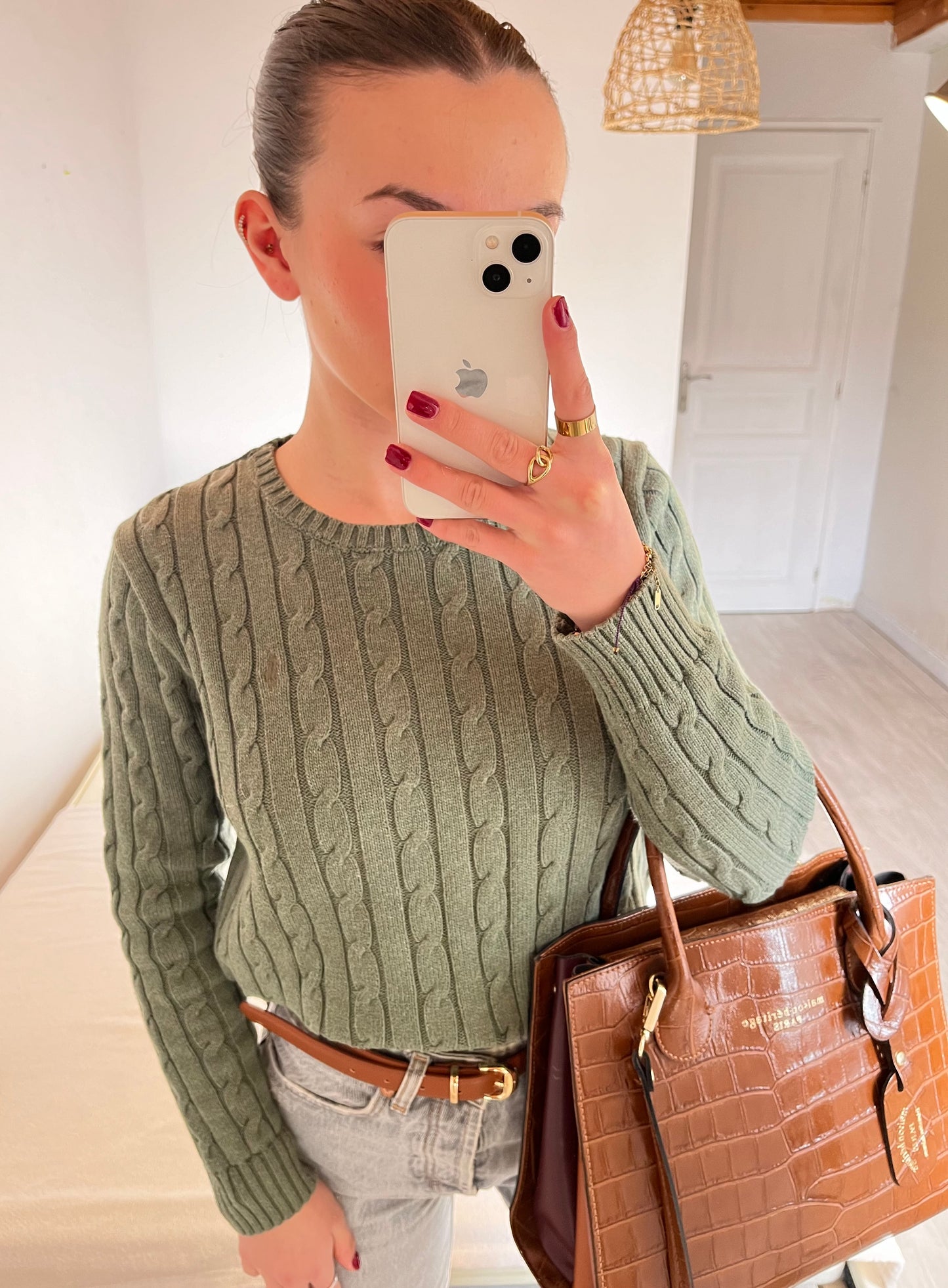 Pull torsadé col rond kaki clair Ralph Lauren - M