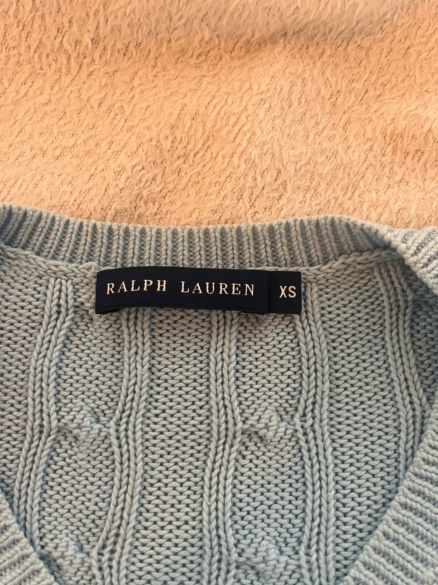 Pull torsadé col V bleu ciel Ralph Lauren - M