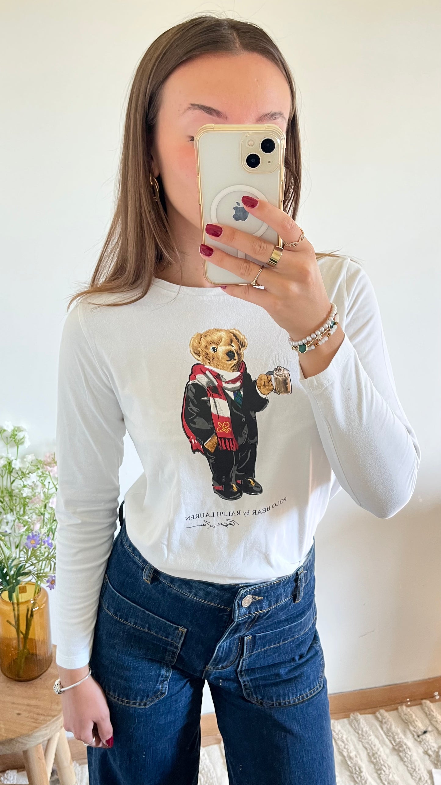T-shirt manches longues blanc nounours - XS