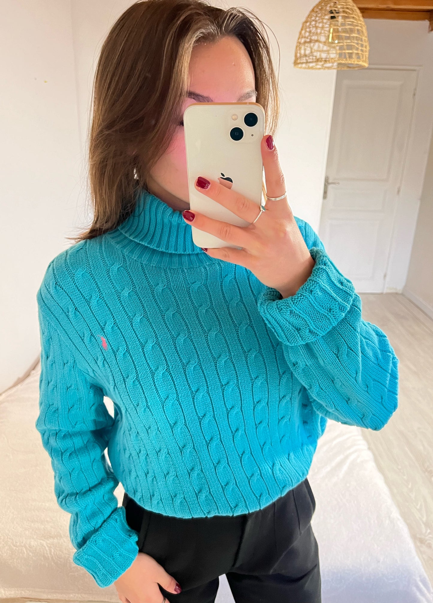 Pull torsadé col roulé turquoise Ralph Lauren - XL