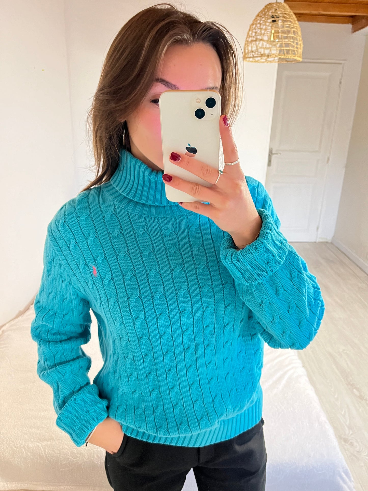 Pull torsadé col roulé turquoise Ralph Lauren - XL