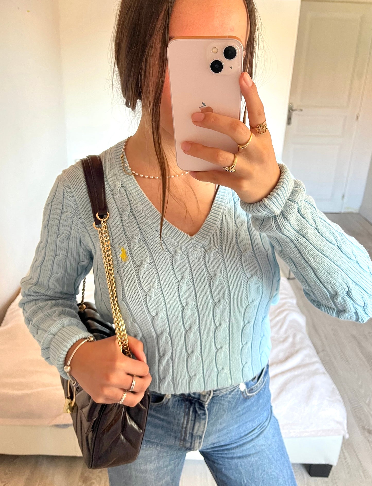 Pull torsadé col V bleu ciel Ralph Lauren - M