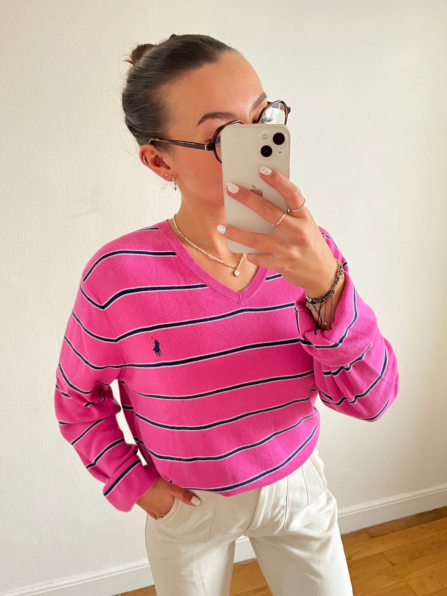 Pull col V rayé rose Ralph Lauren - L homme / XL femme