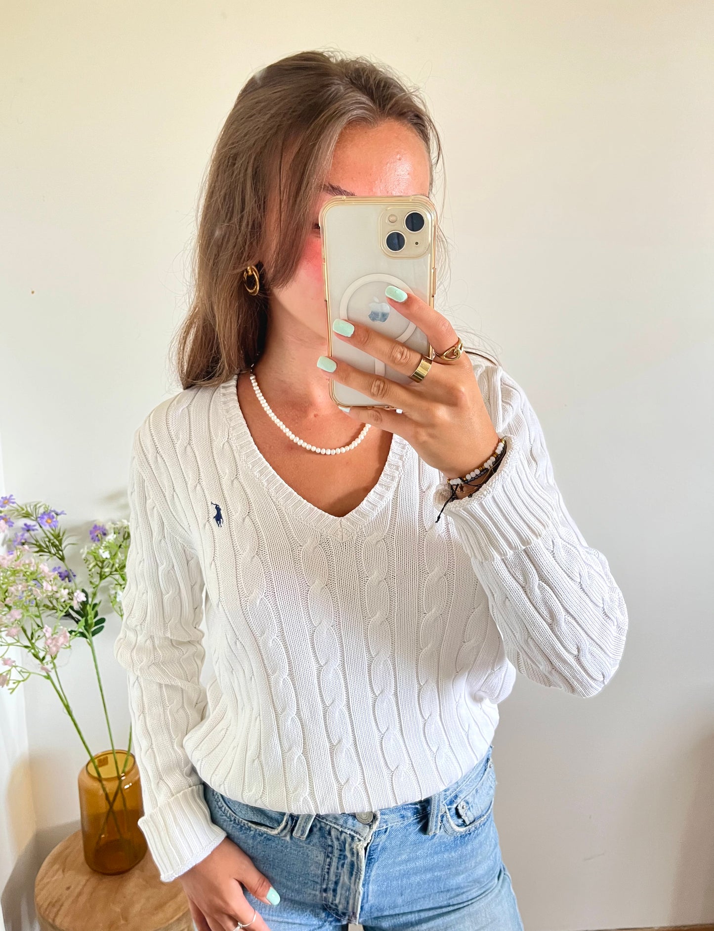 Pull col V torsadé blanc Ralph Lauren - M