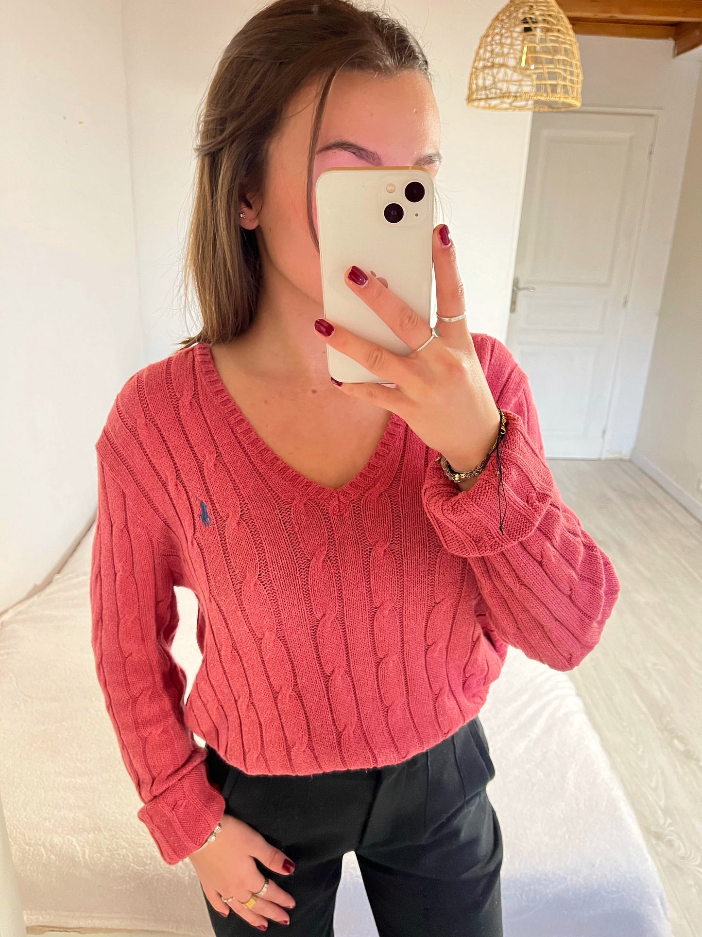 Pull torsadé col V rose - L