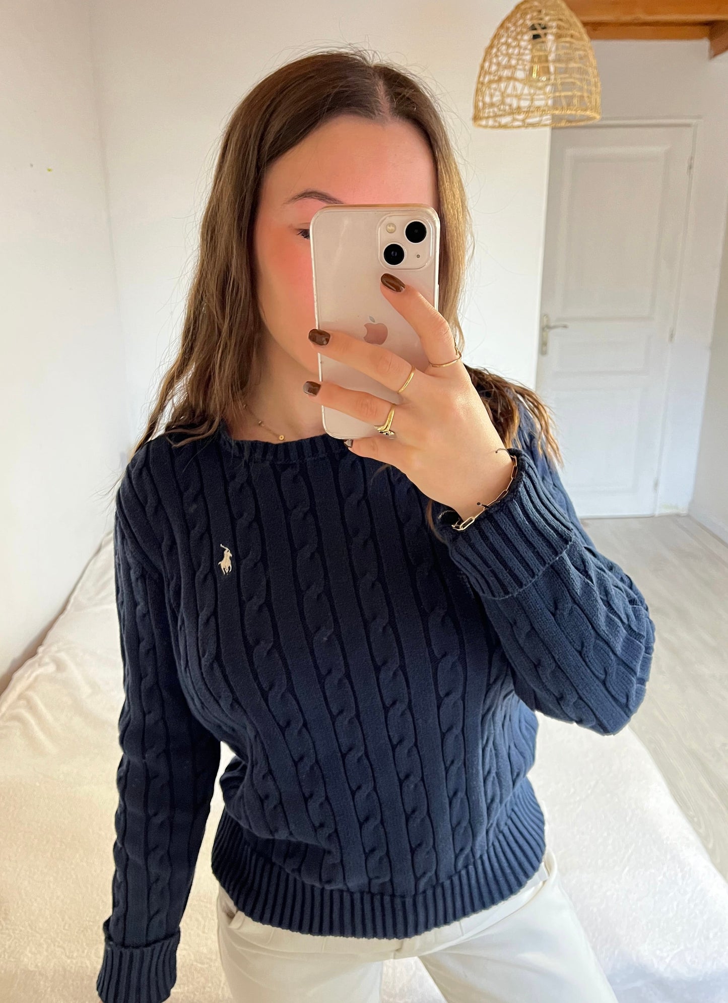 Pull torsadé col rond bleu marine Ralph Lauren - L