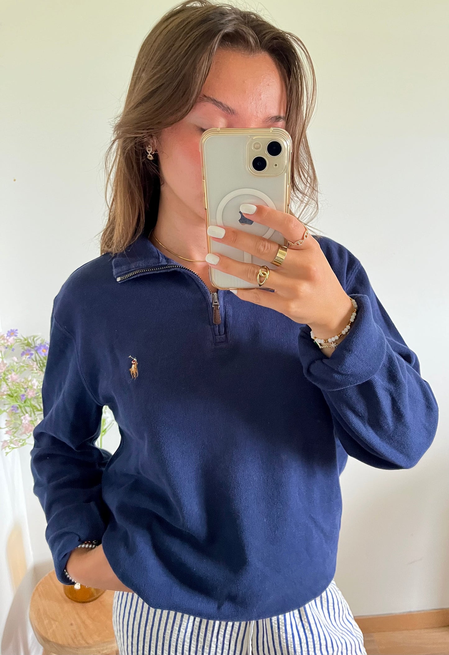 Pull demi-zip velours côtelé bleu marine - S homme / L femme