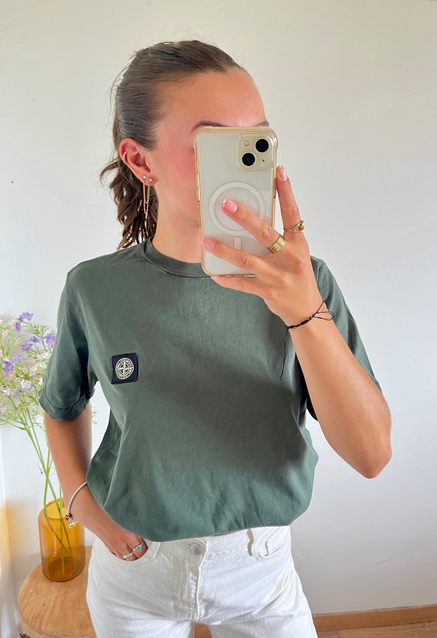 T-shirt kaki avec patch Stone Island - S/M