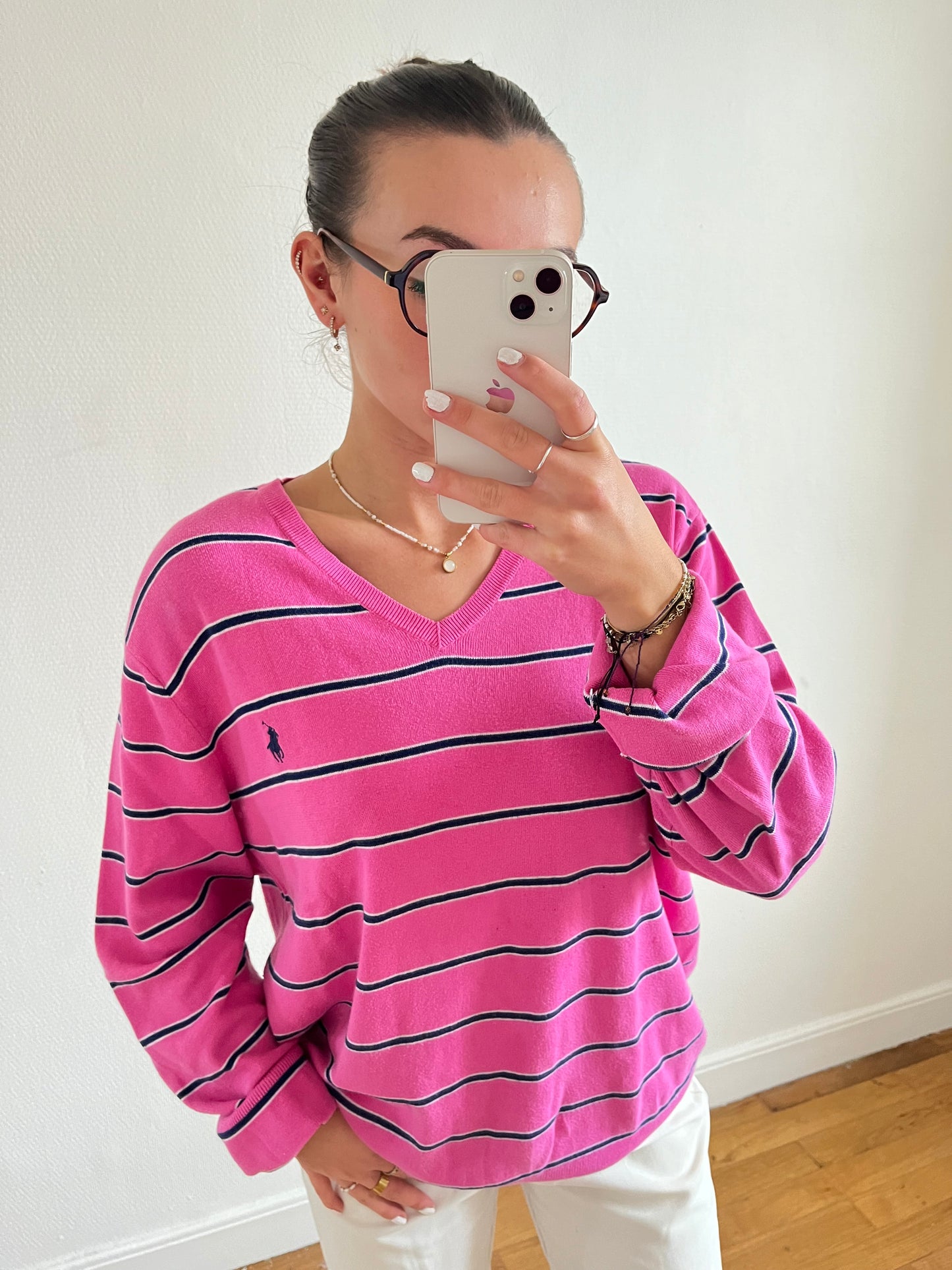 Pull col V rayé rose Ralph Lauren - L homme / XL femme