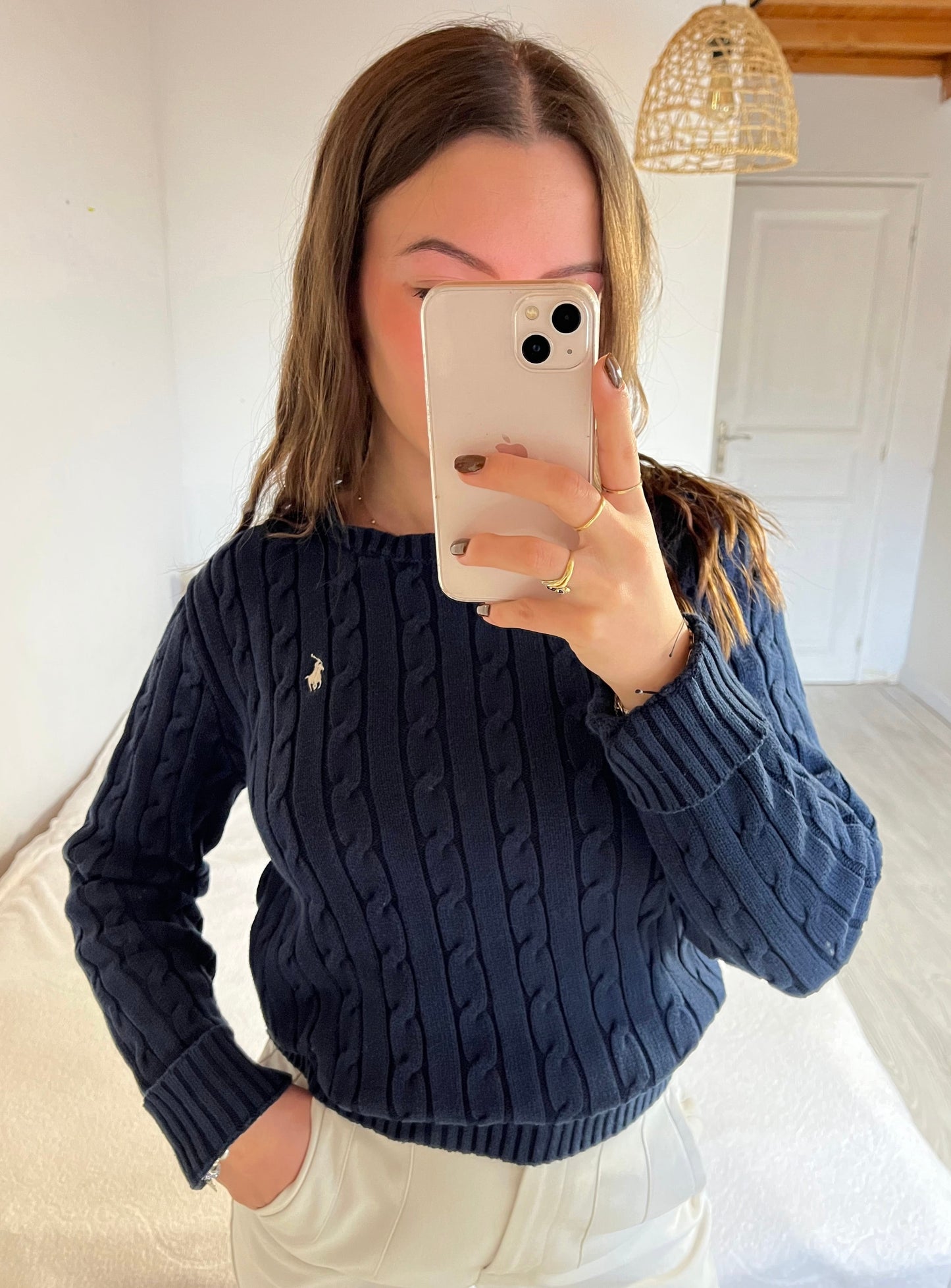 Pull torsadé col rond bleu marine Ralph Lauren - L