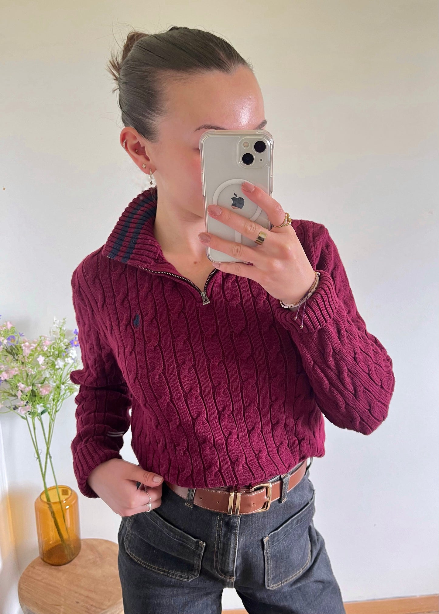 Pull demi-zip torsadé bordeaux Ralph Lauren - S