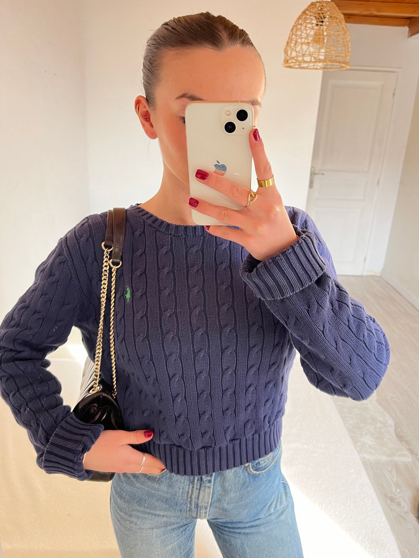 Pull torsadé bleu marine customisé Ralph Lauren - S