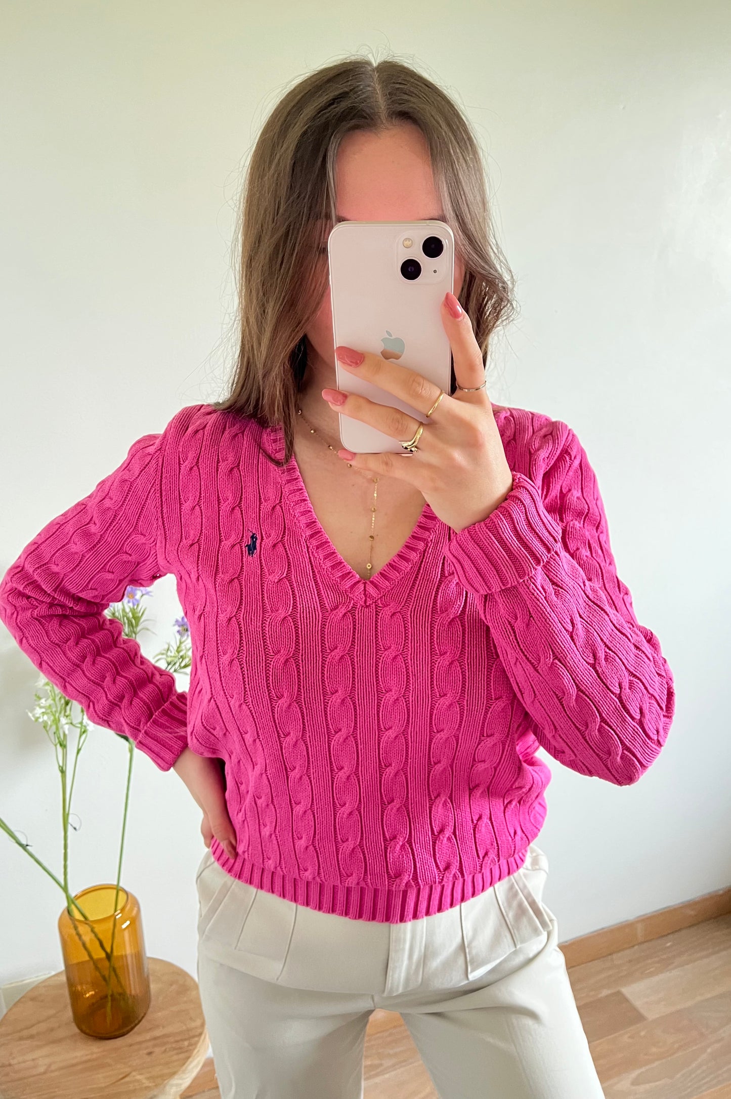 Pull torsadé col V rose Ralph Lauren - M