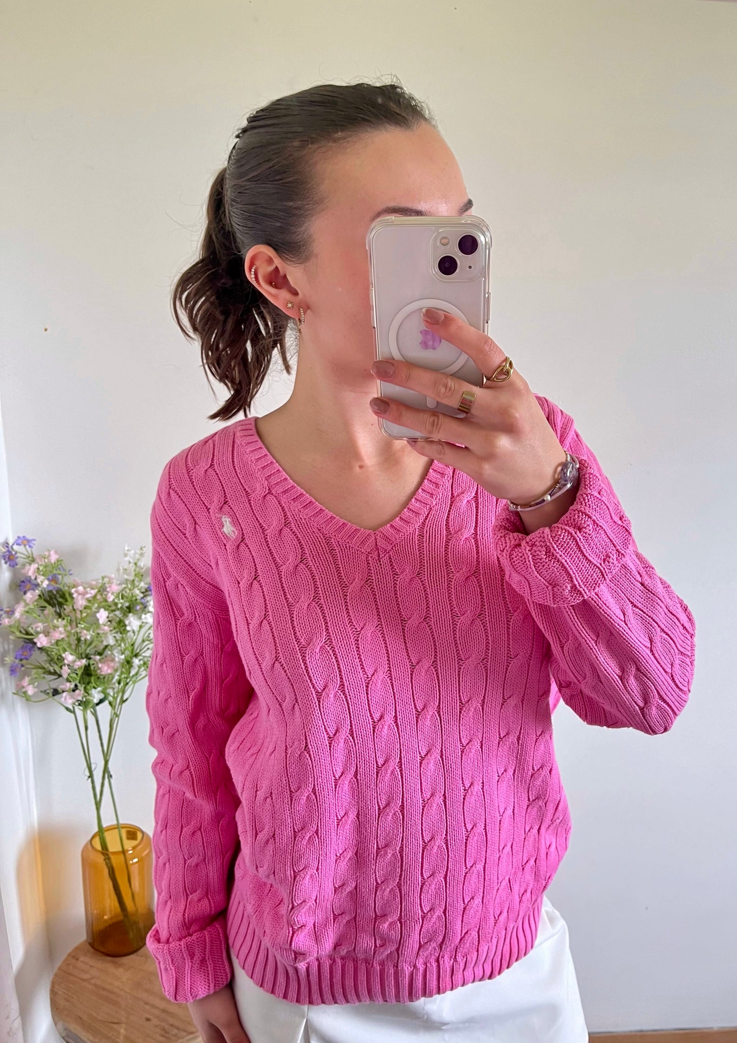 Pull col V torsadé rose Ralph Lauren - L