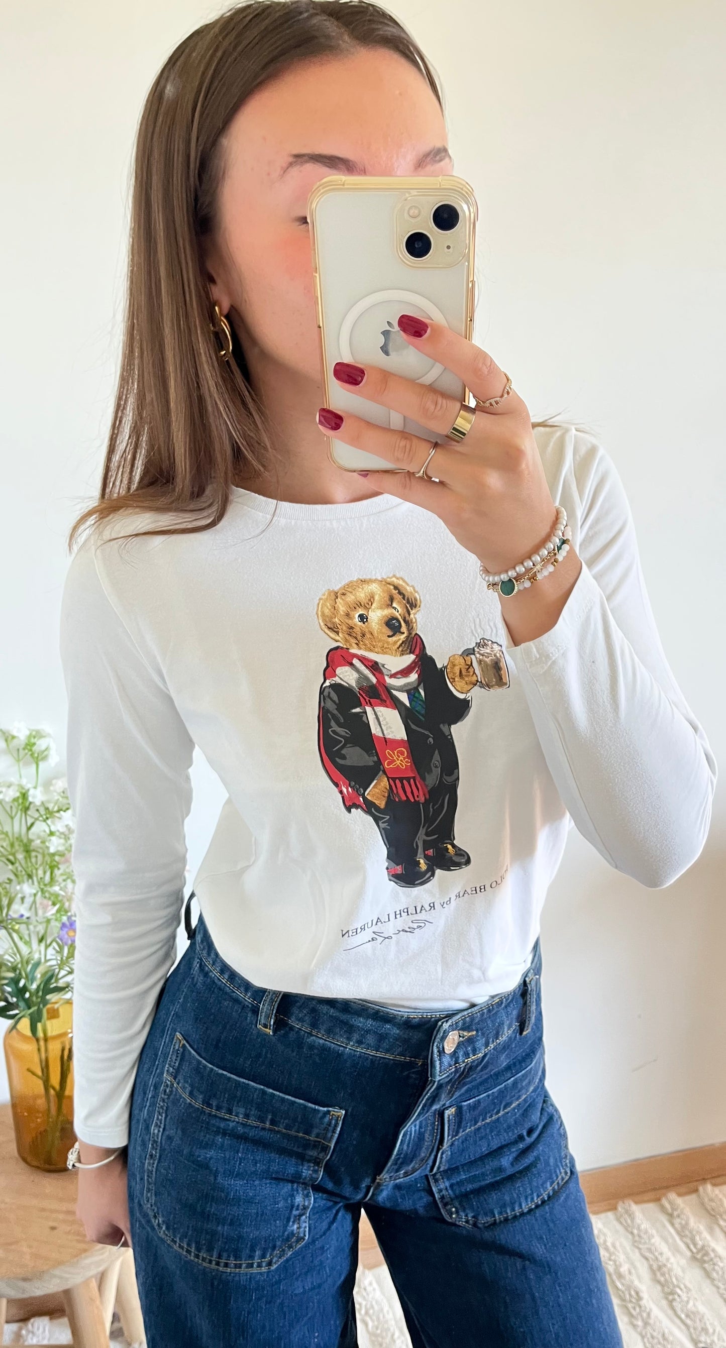 T-shirt manches longues blanc nounours - XS