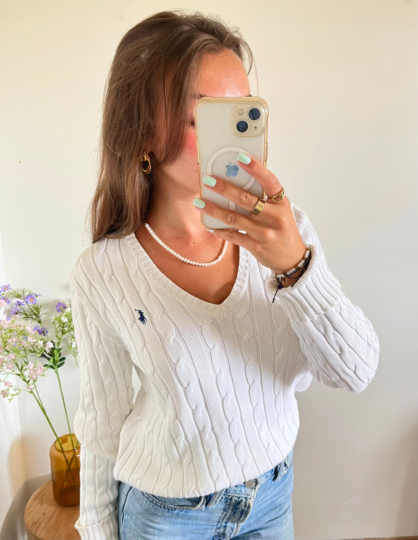 Pull col V torsadé blanc Ralph Lauren - M