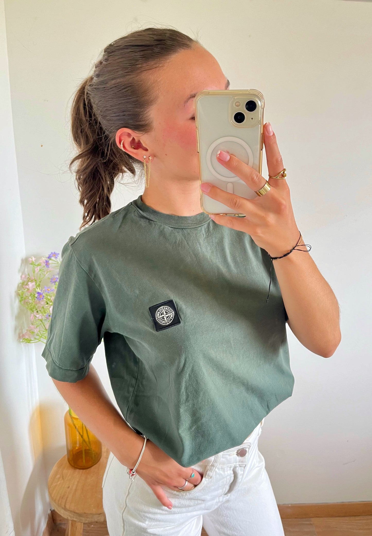 T-shirt kaki avec patch Stone Island - S/M