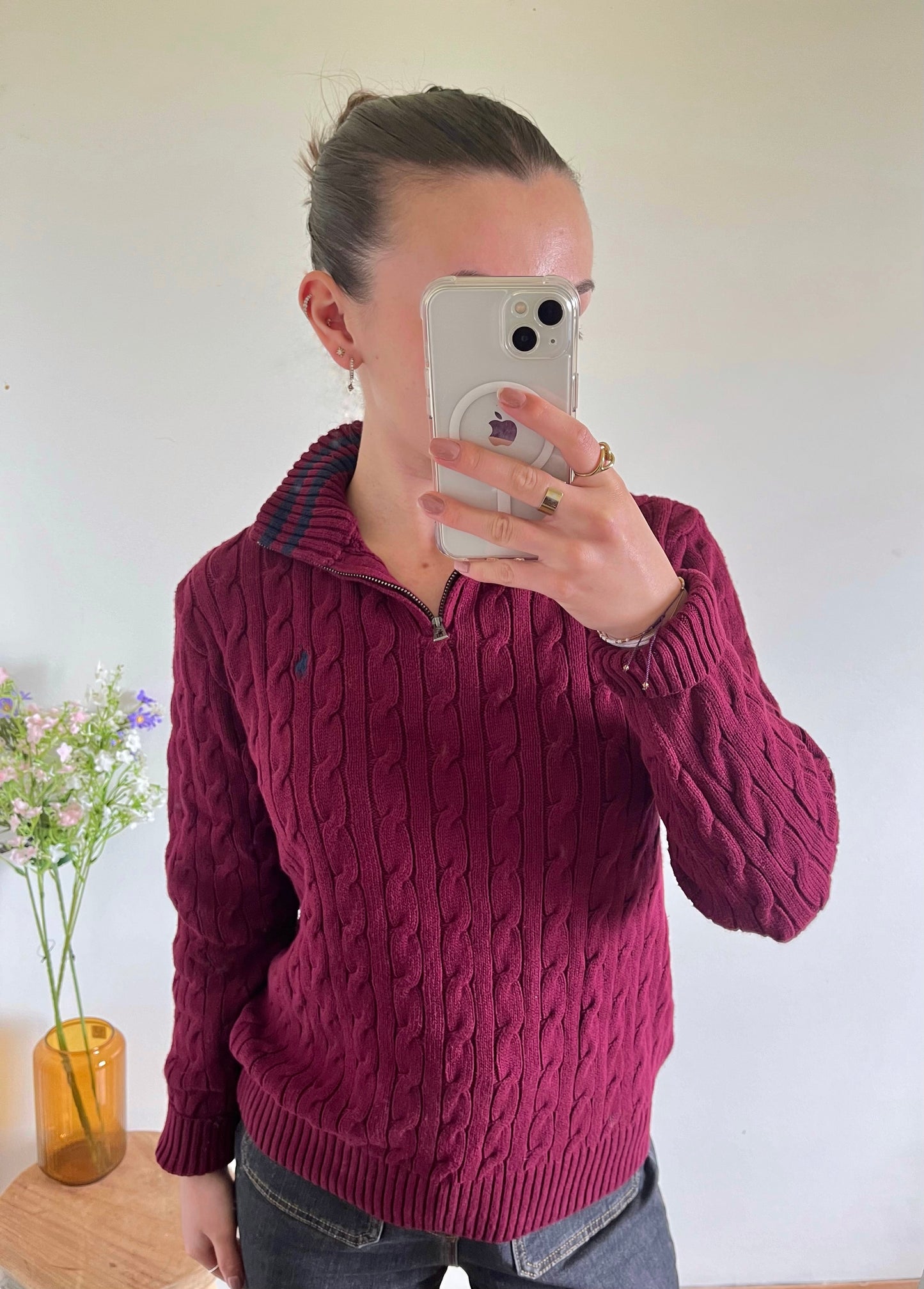 Pull demi-zip torsadé bordeaux Ralph Lauren - S