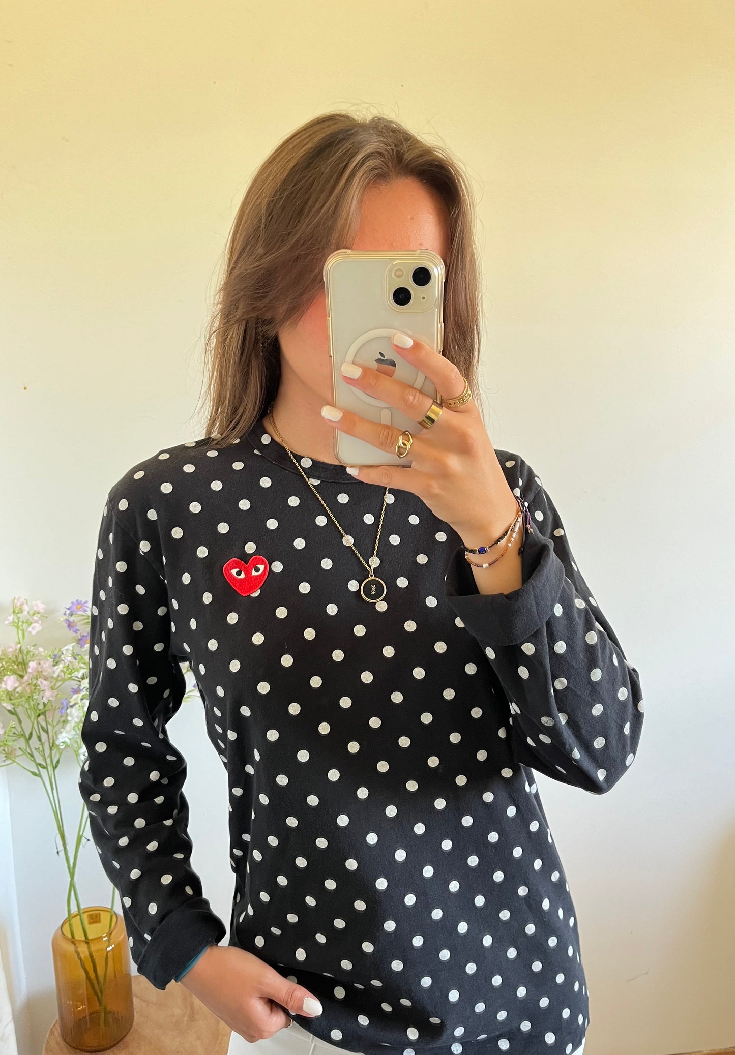 T-shirt manches longues noir à pois - L