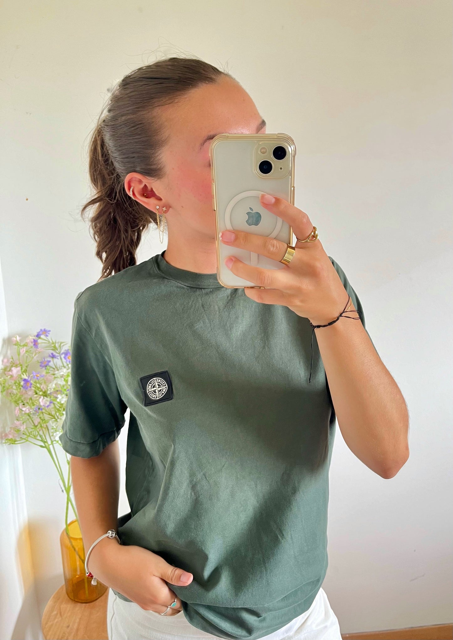 T-shirt kaki avec patch Stone Island - S/M