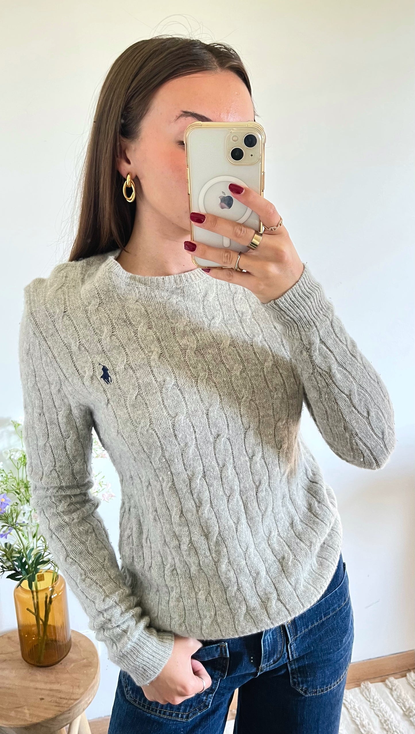 Pull torsadé gris laine et cachemire Ralph Lauren - M