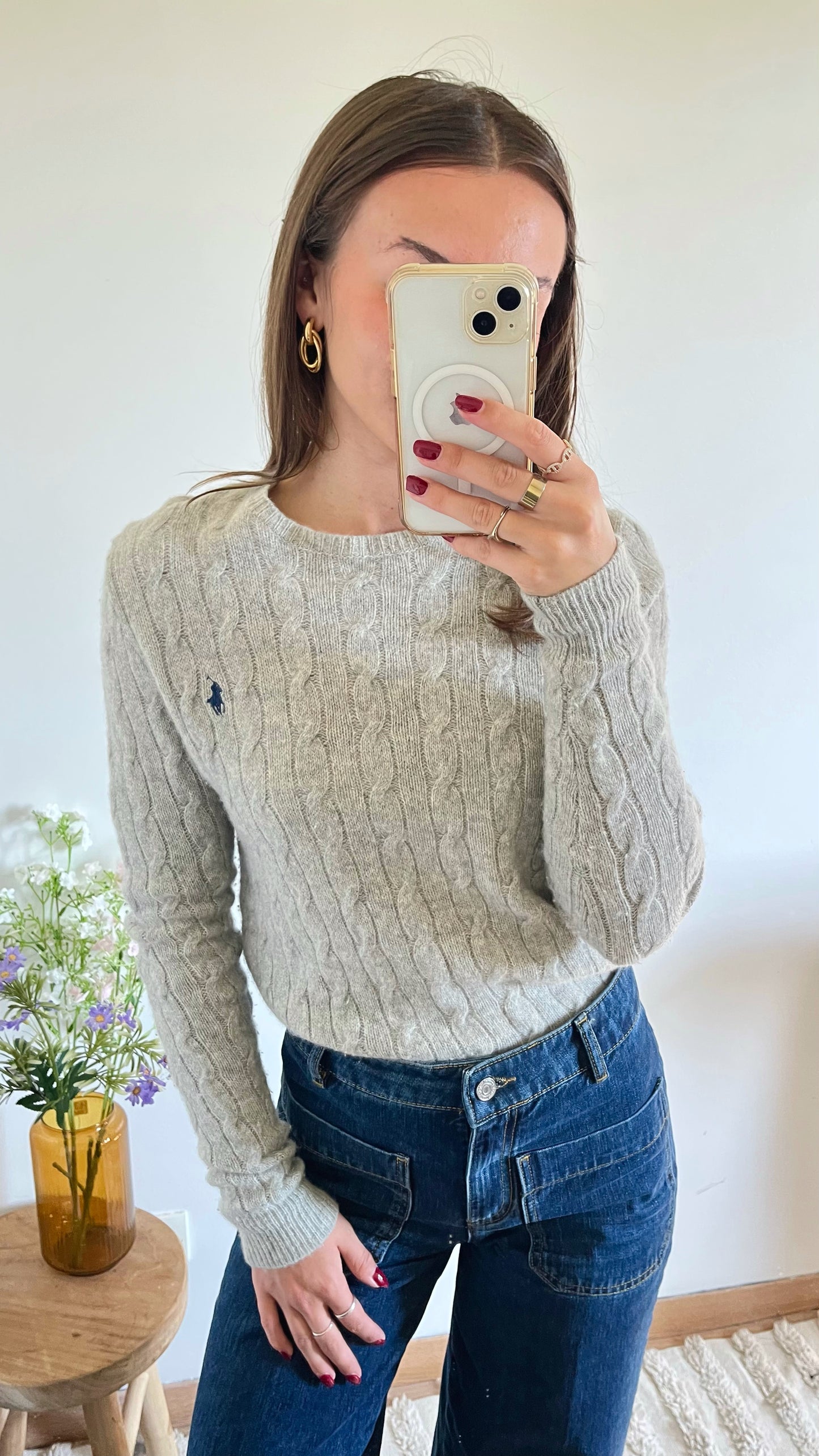Pull torsadé gris laine et cachemire Ralph Lauren - M