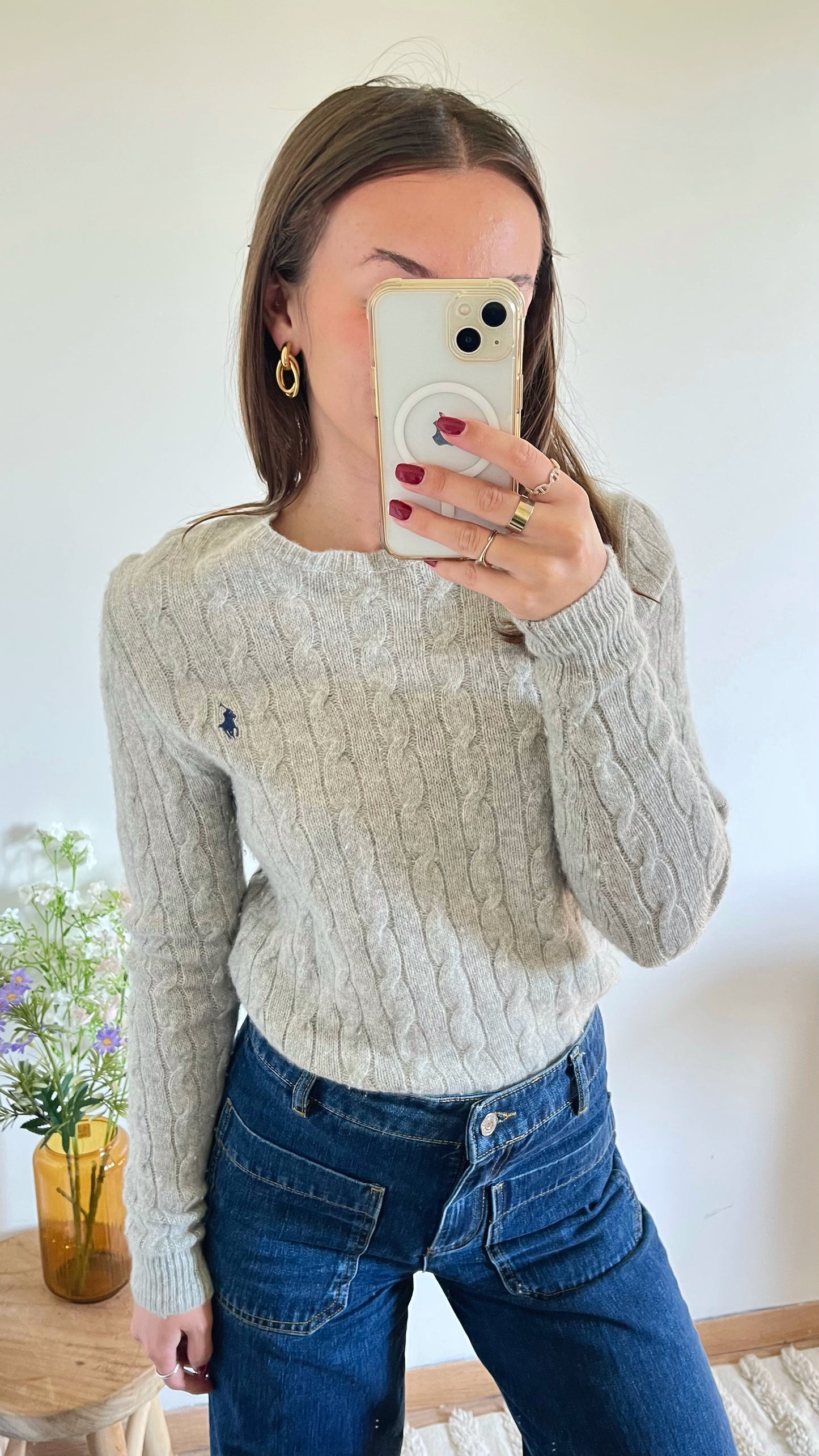 Pull torsadé gris laine et cachemire Ralph Lauren - M