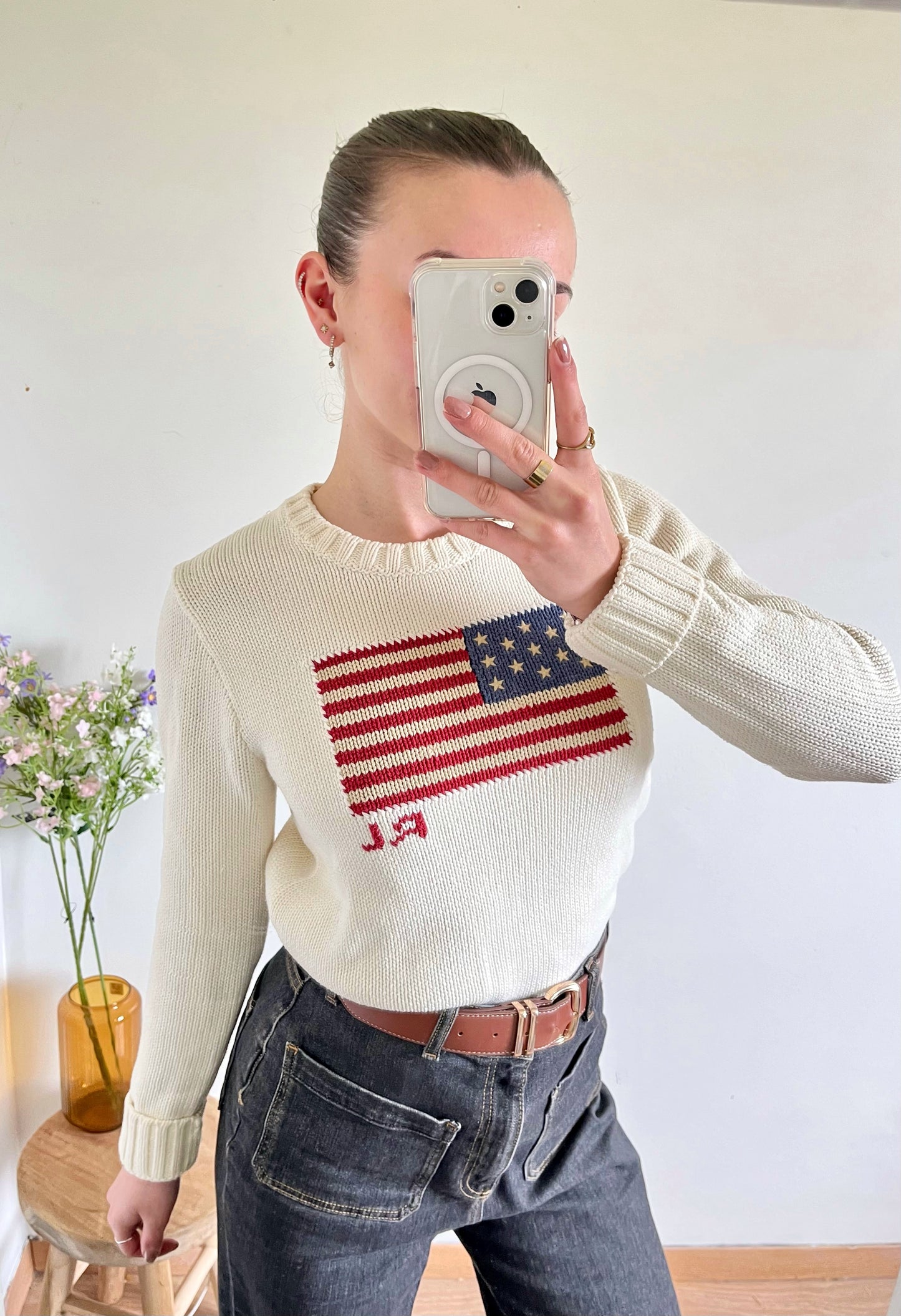 Pull blanc col rond American Flag Ralph Lauren - M