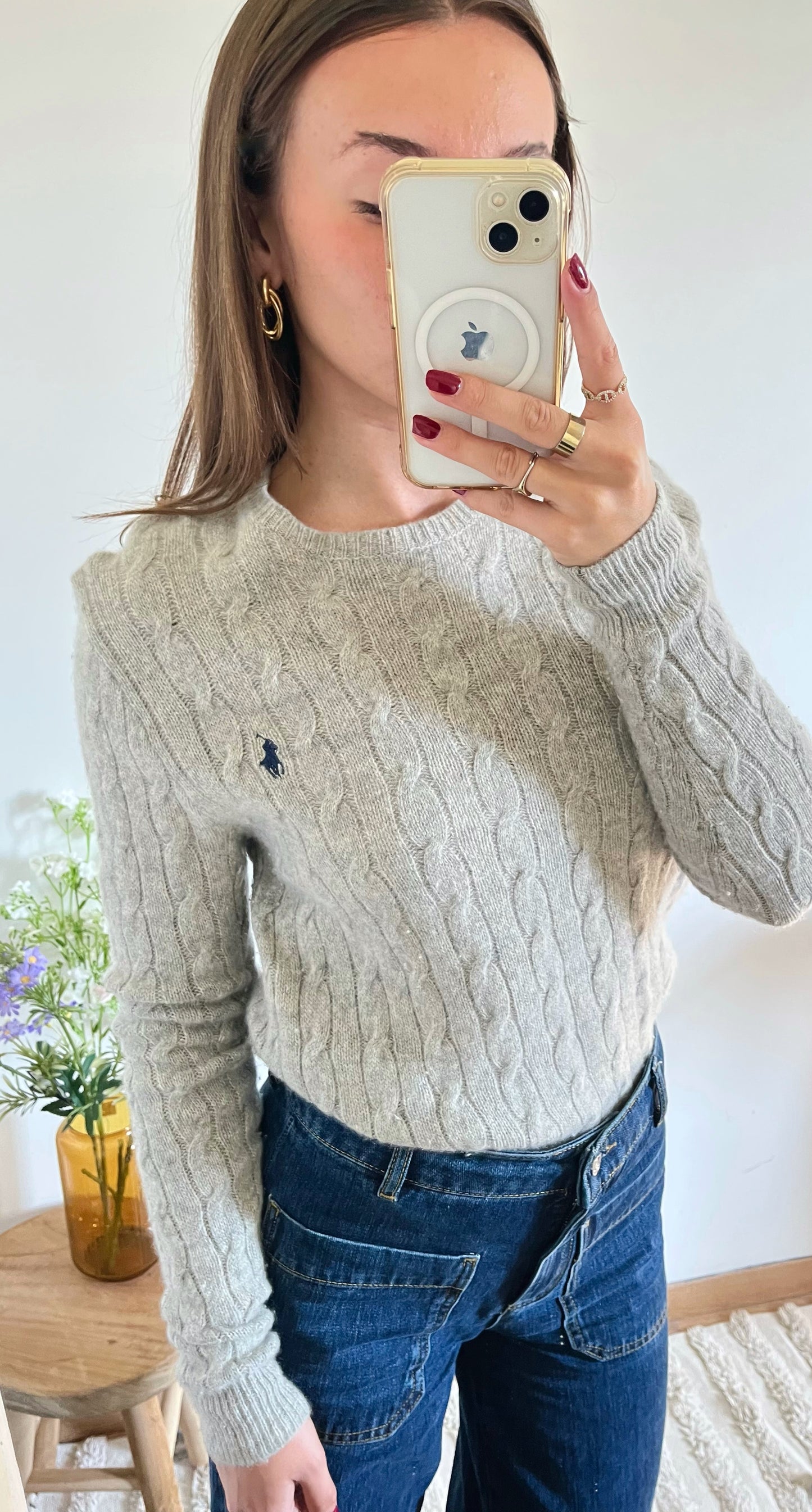 Pull torsadé gris laine et cachemire Ralph Lauren - M