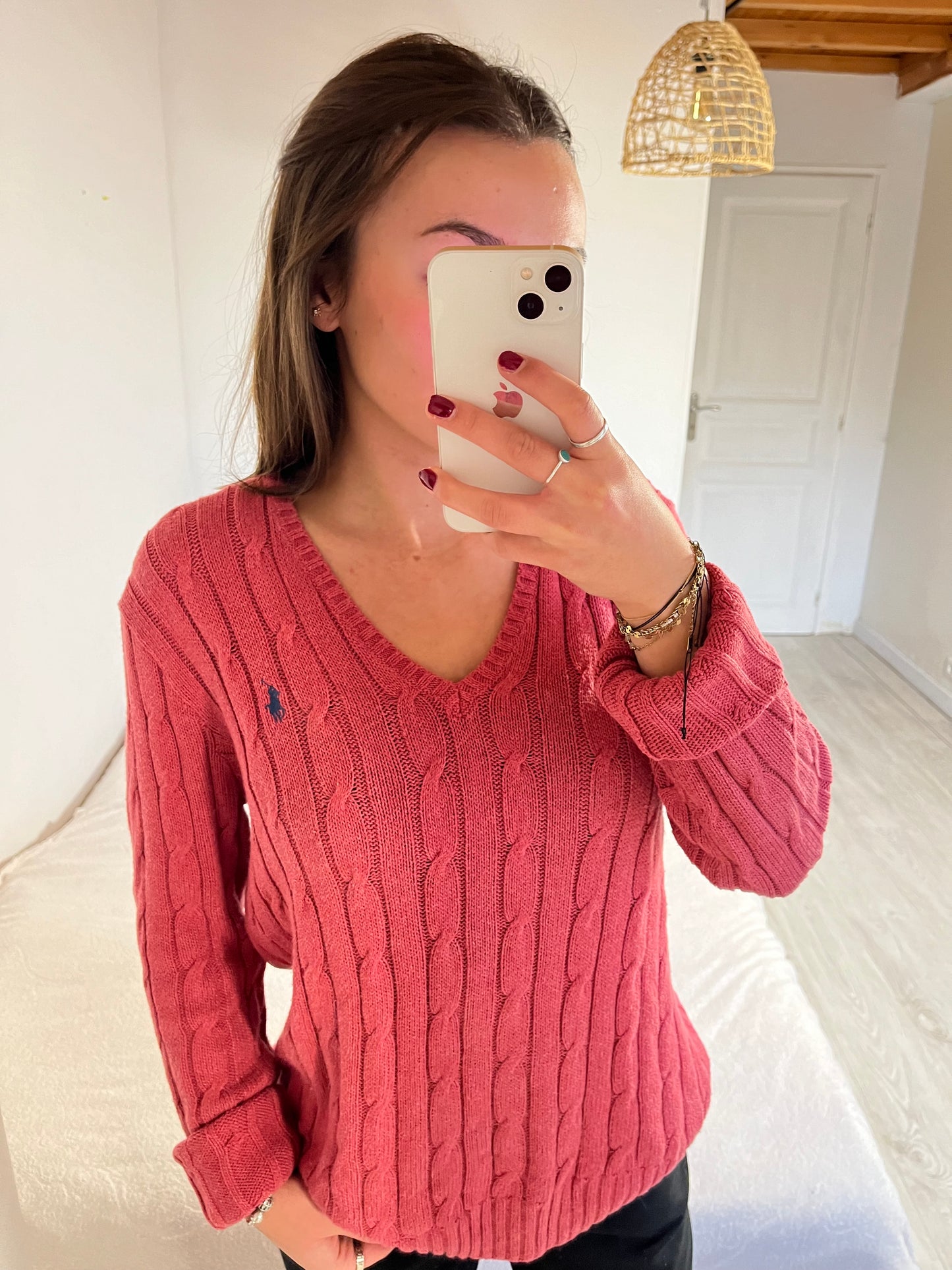 Pull torsadé col V rose - L