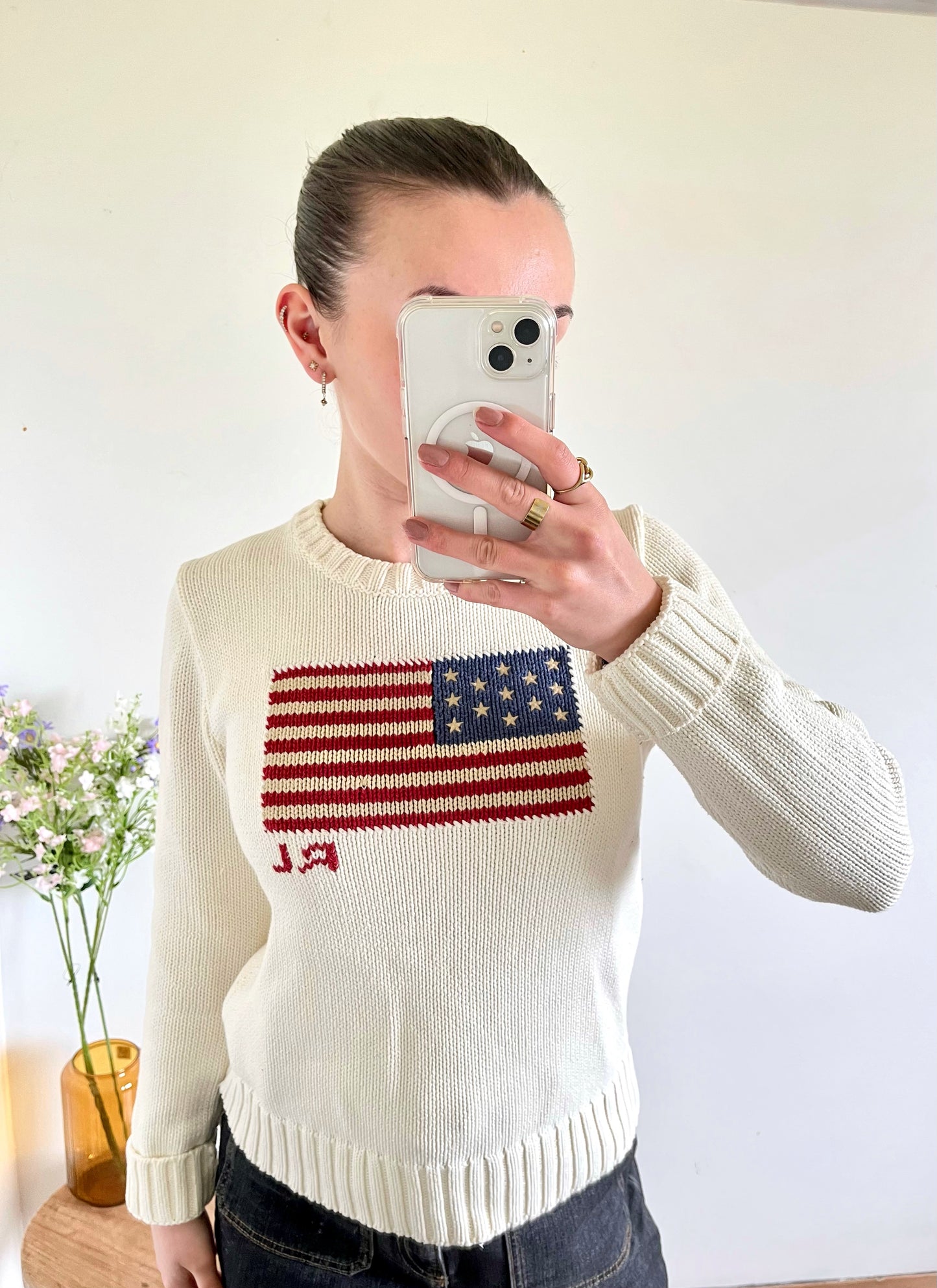 Pull blanc col rond American Flag Ralph Lauren - M