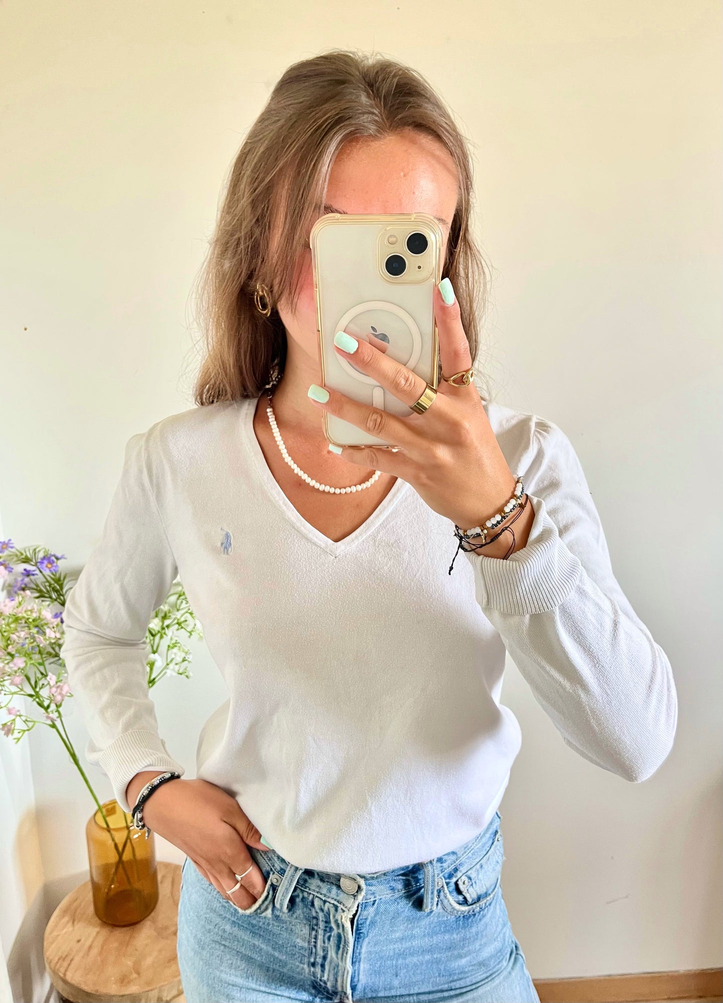 Pull col V blanc Ralph Lauren - M