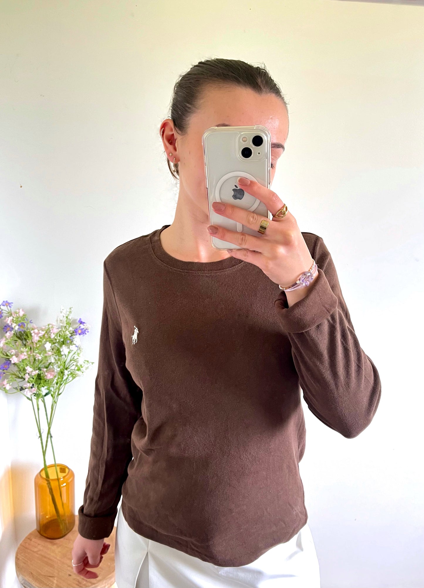 Pull col rond marron Ralph Lauren - L
