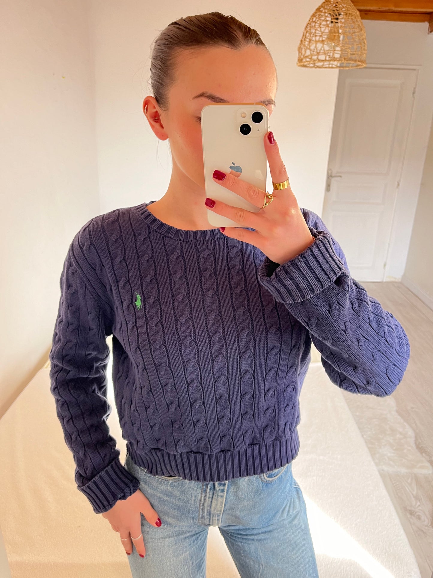 Pull torsadé bleu marine customisé Ralph Lauren - S