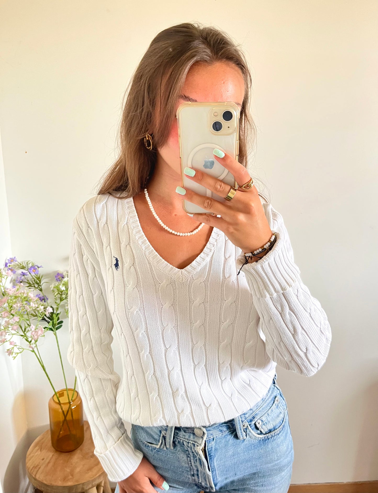 Pull col V torsadé blanc Ralph Lauren - M