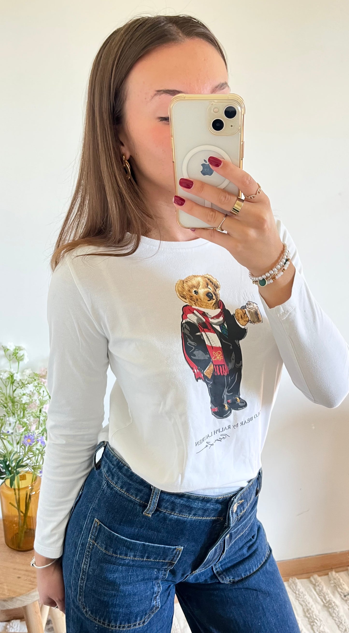 T-shirt manches longues blanc nounours - XS