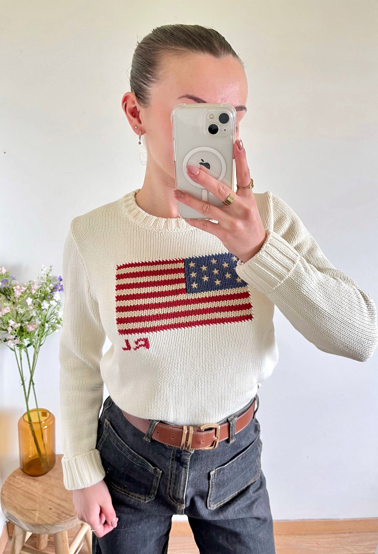 Pull blanc col rond American Flag Ralph Lauren - M