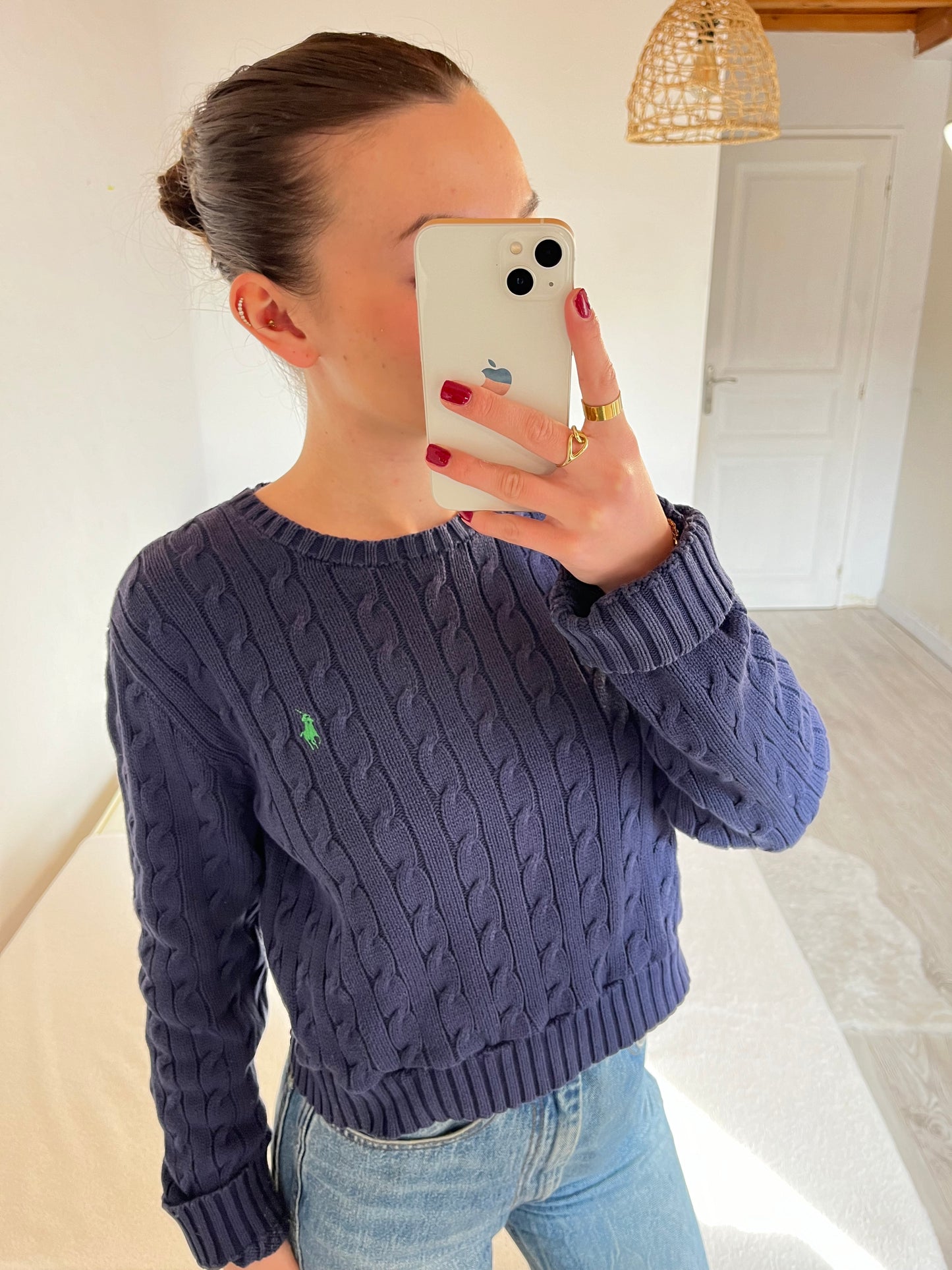 Pull torsadé bleu marine customisé Ralph Lauren - S
