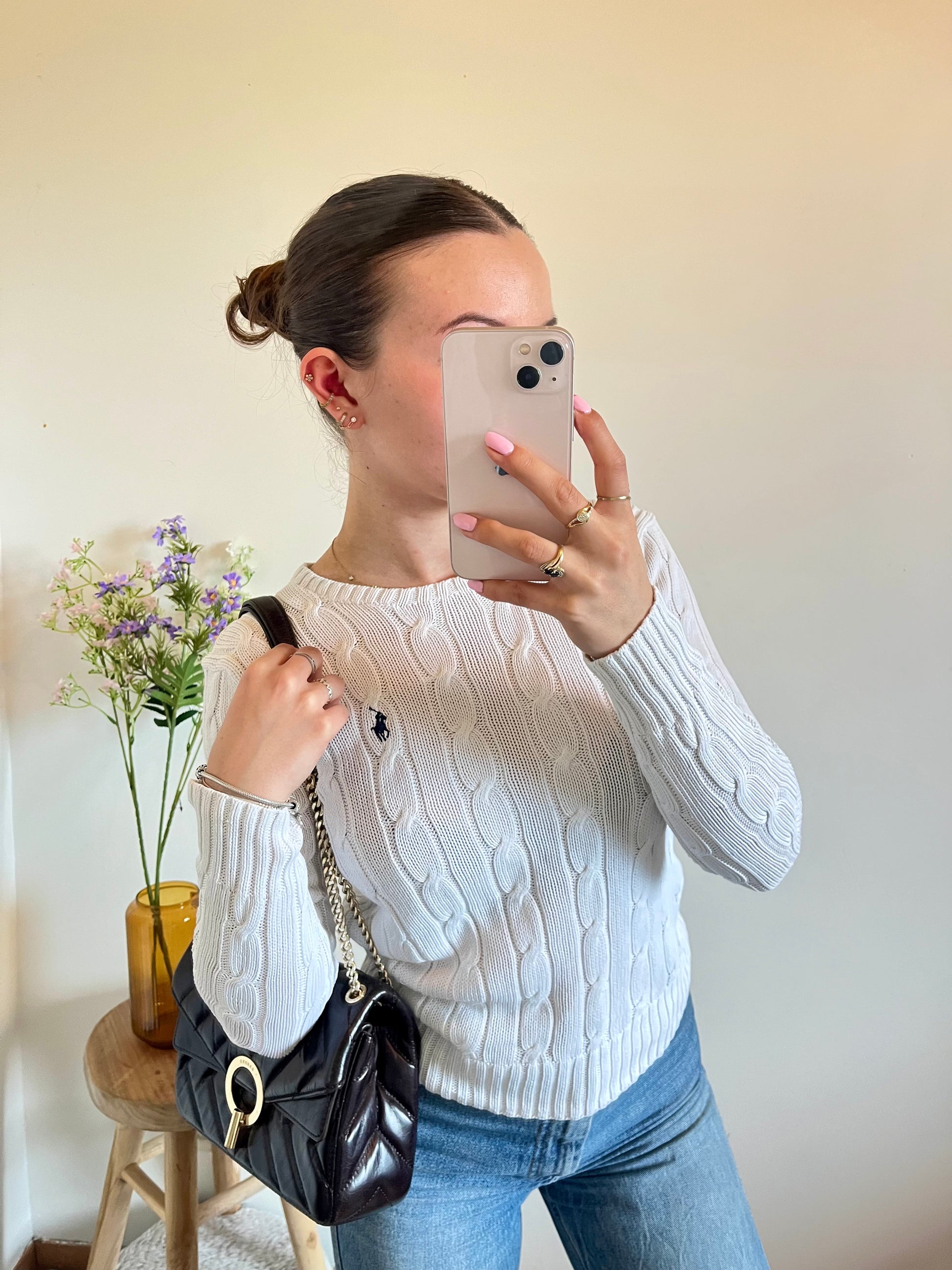 Pull torsadé blanc col rond Ralph Lauren - XS.