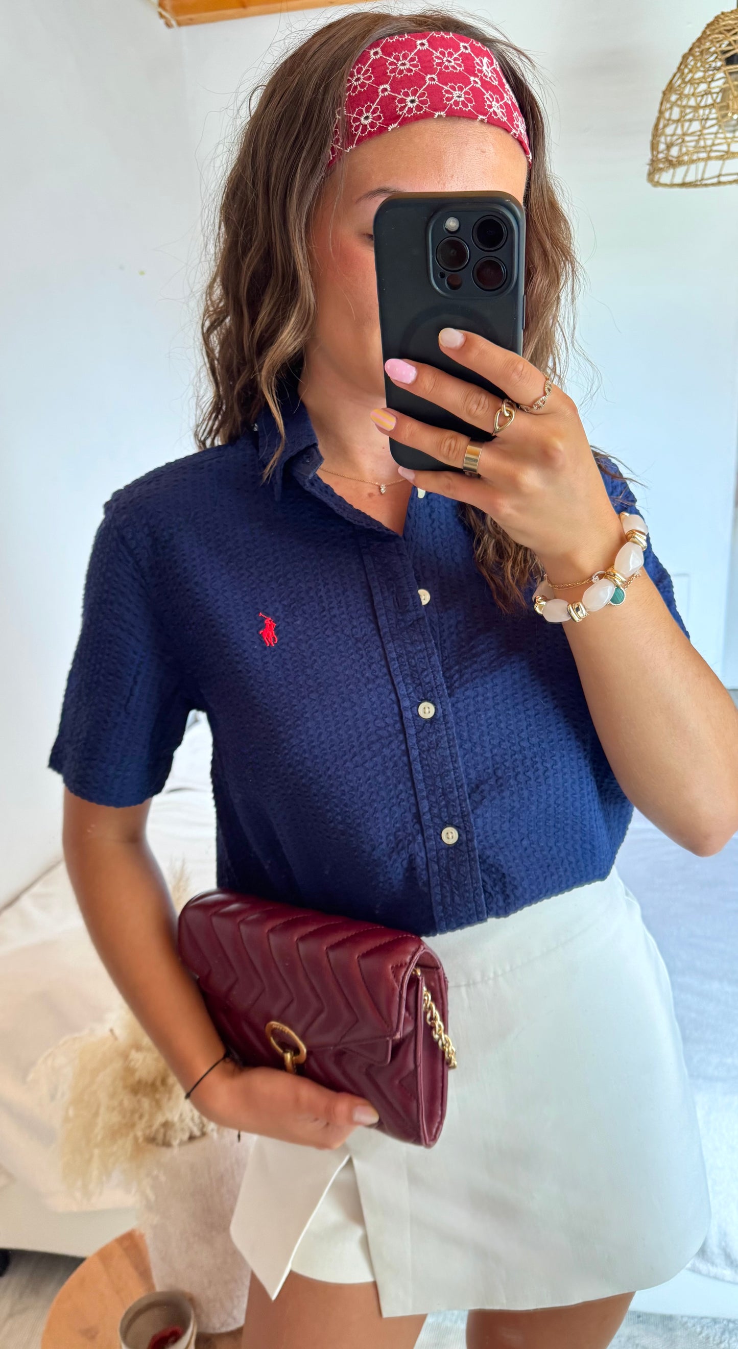 Chemise gaufrée manche courte marine Ralph Lauren - S