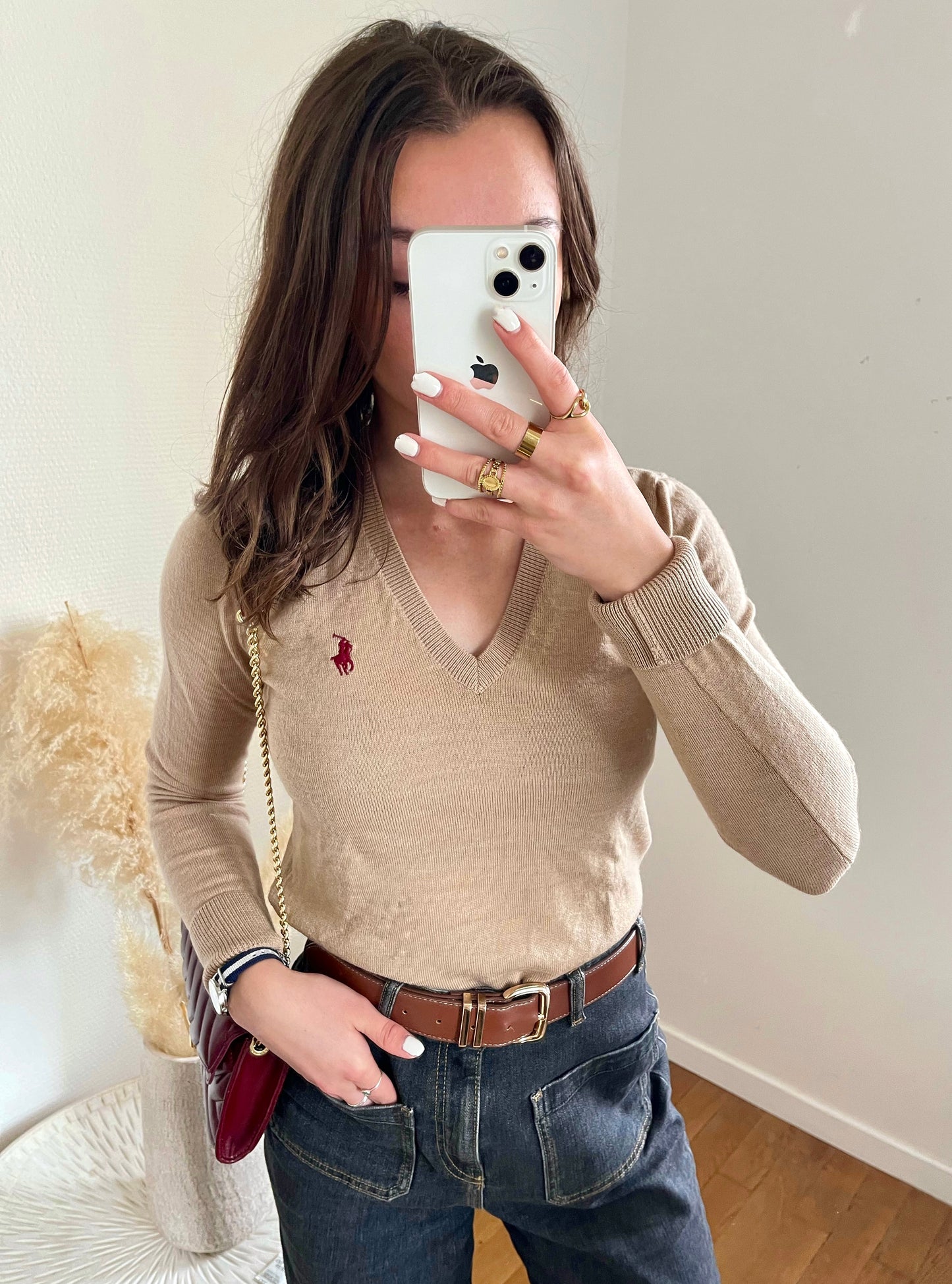 Pull col V beige laine de mérinos Ralph Lauren - S
