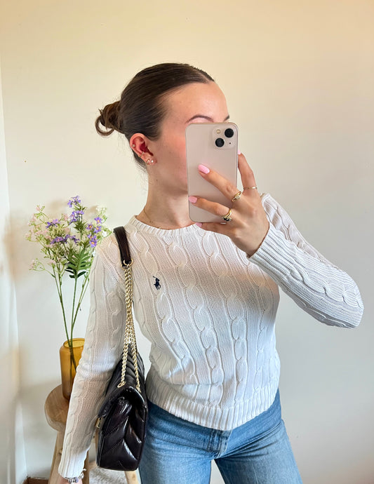 Pull torsadé blanc col rond Ralph Lauren - XS.