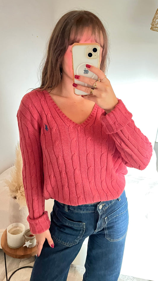 Pull torsadé Ralph Lauren col V rose - L
