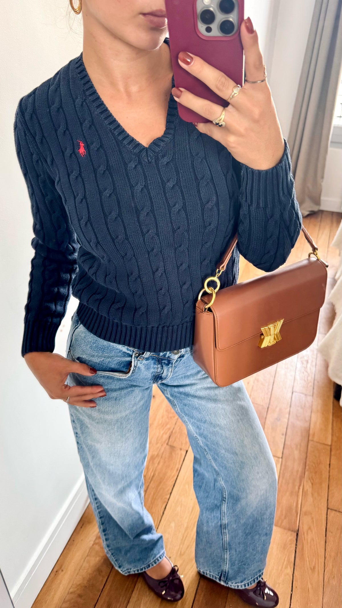 Pull torsadé col V bleu marine Ralph bleu - S