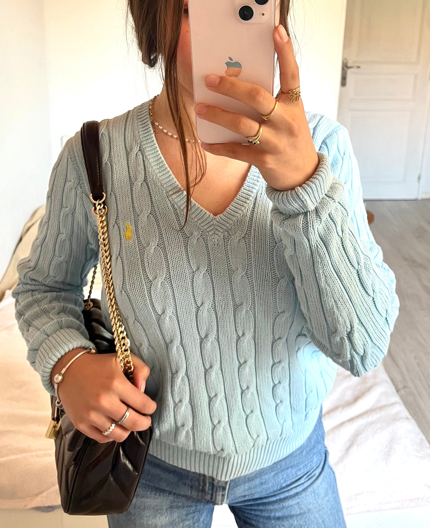 Pull torsadé col V bleu ciel Ralph Lauren - M