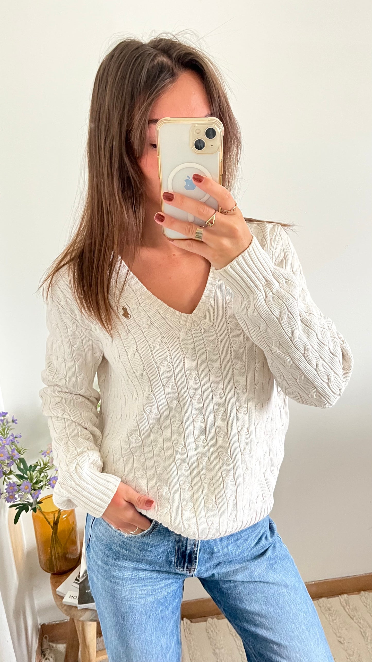 Pull col V torsadé blanc Ralph Lauren - L/XL
