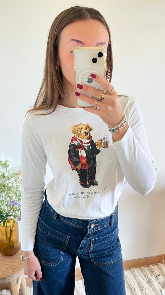 T-shirt manches longues blanc nounours - XS