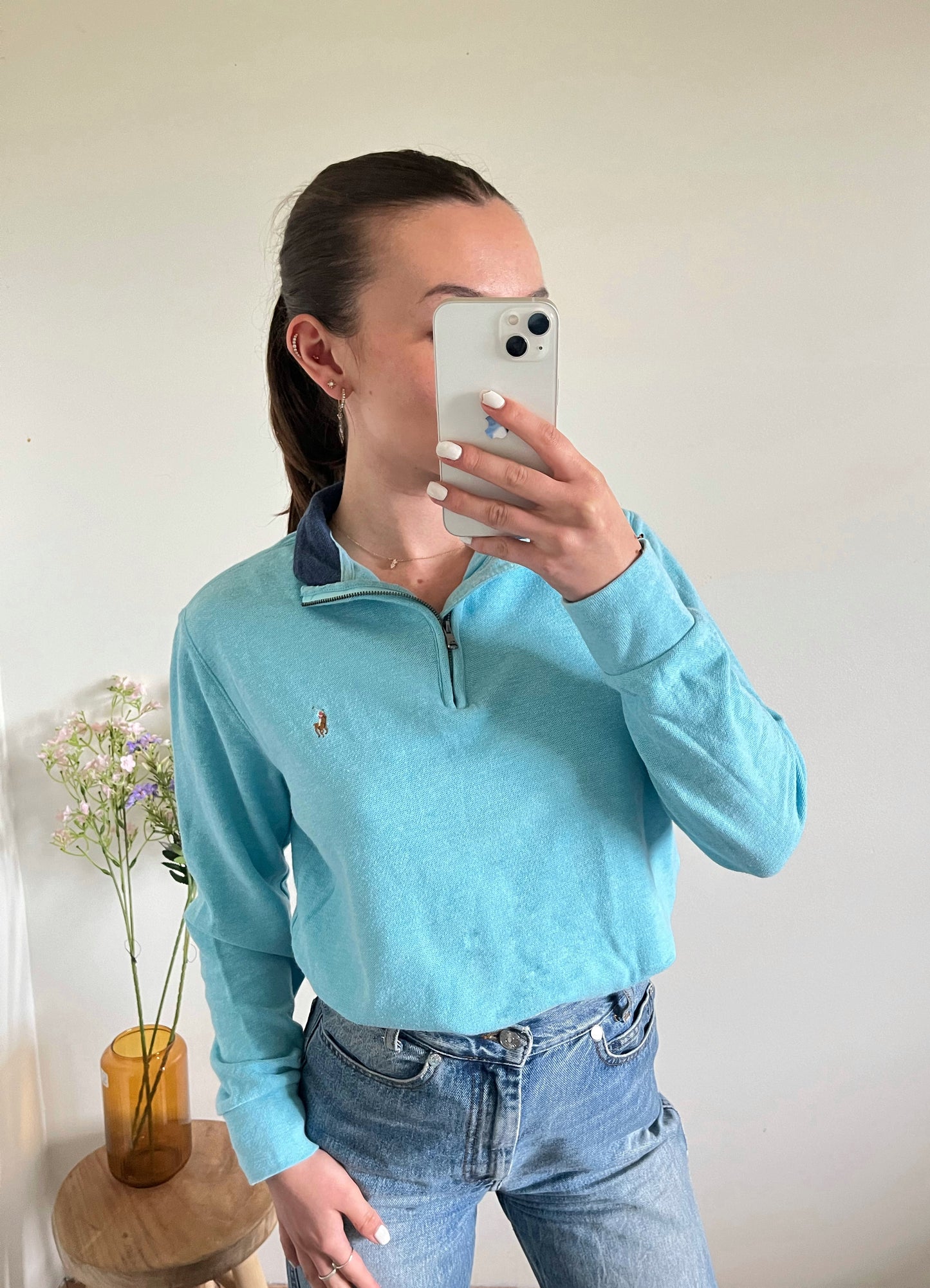Pull demi-zip bleu turquoise Ralph Lauren - S