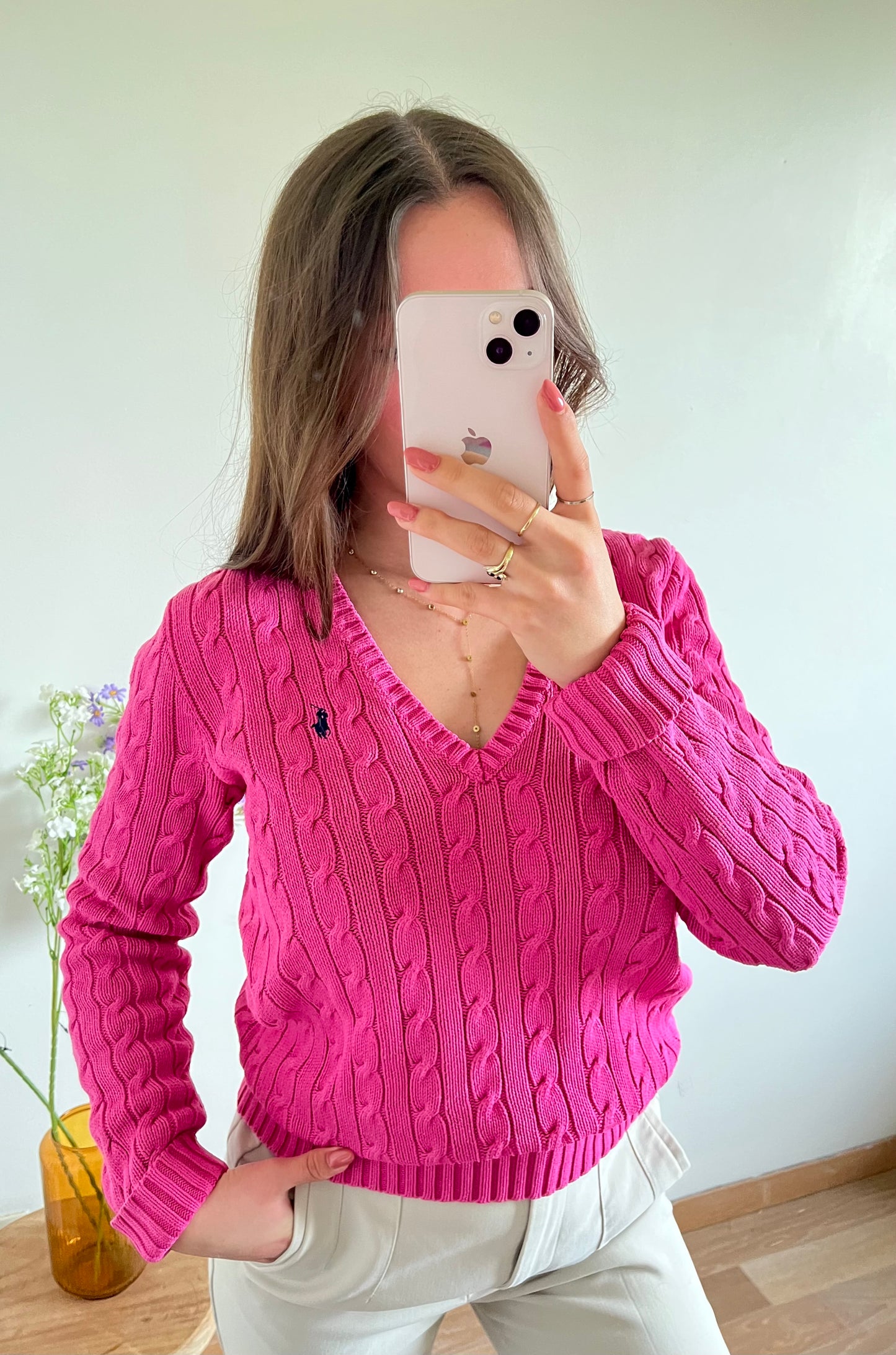 Pull torsadé col V rose Ralph Lauren - M
